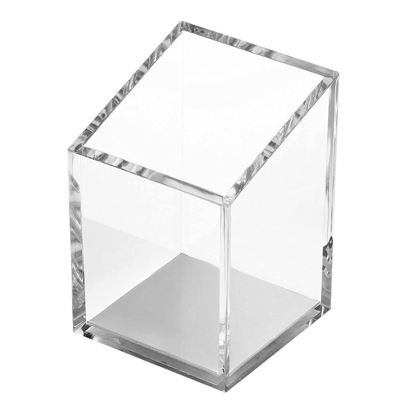OfficeGoods Acrylic Pen & Pencil Holder - Modern Trapezoid Design - Beautiful Desk Organizer for Home or Office - Contrasting Metal Base - 3" Square w/ 3.5" Front & 4.5" Back - Silver - Image 1